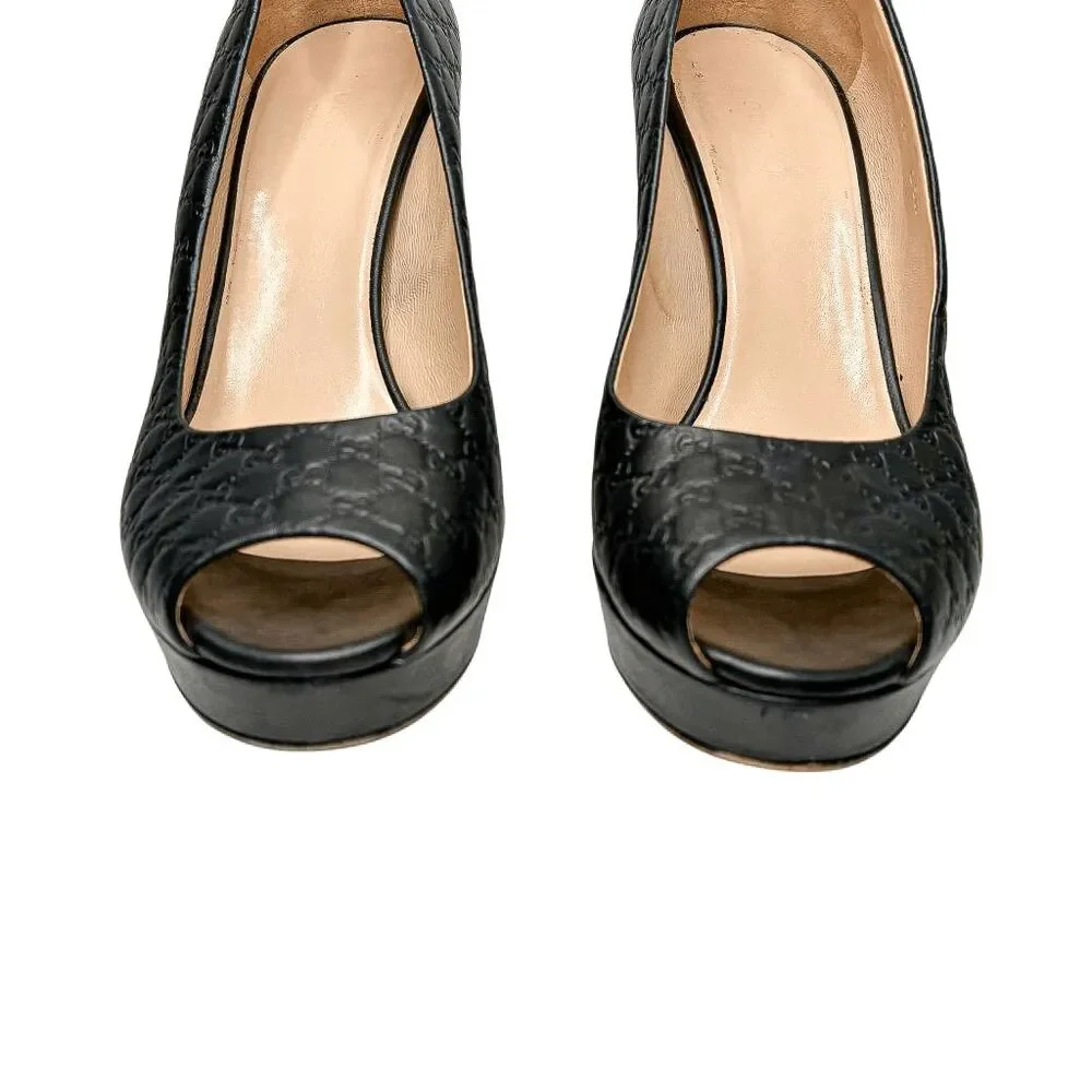 Gucci Microguccissima Black Peep Toe Pumps 38 Block High Heel GG Logo Leather - Picture 3 of 12